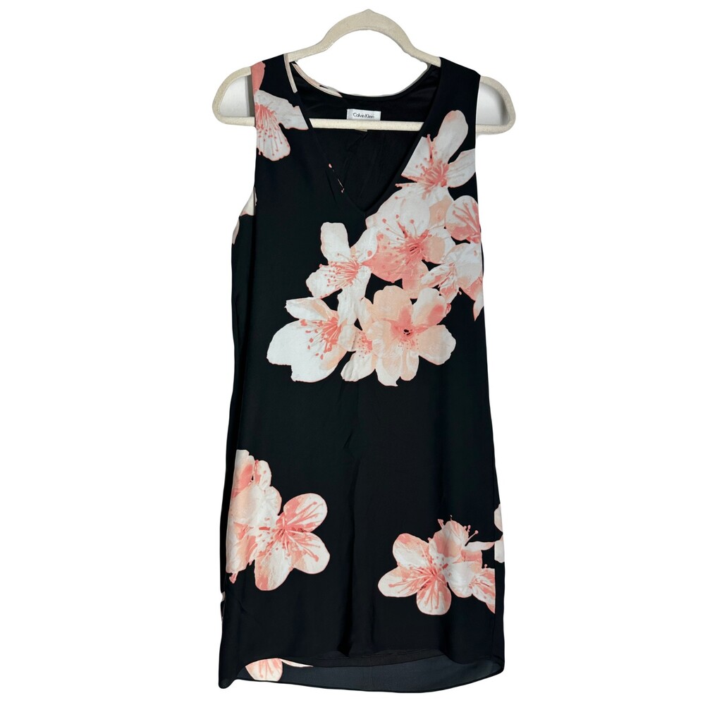 Calvin Klein Women Black Floral Print Sleeveless Dress Size 6 Casual Sheath Midi